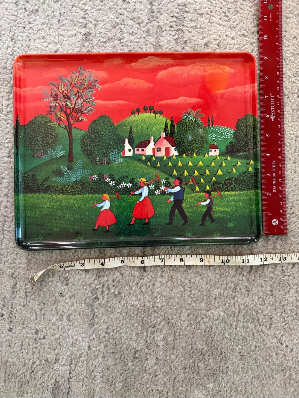 Vintage Folk Art Metal Tray with Red and Green Scene